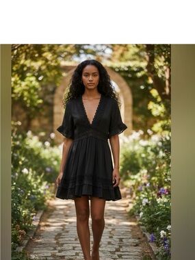Black V-Neck Lace Detail Mini Dress